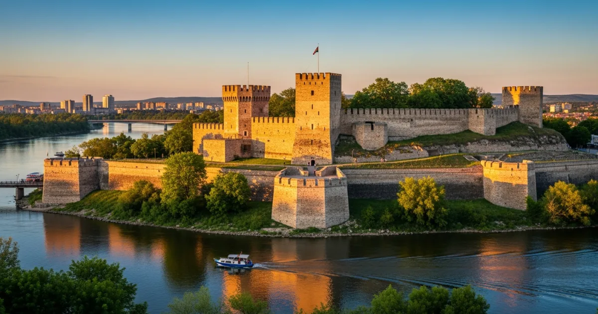 Baba Vida Fortress in Vidin, Bulgaria, at sunset over the Danube River