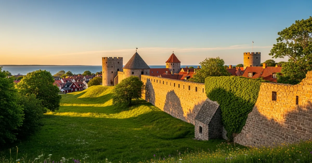 Panoramic view of Visby's medieval city wall and red rooftops at sunset.
