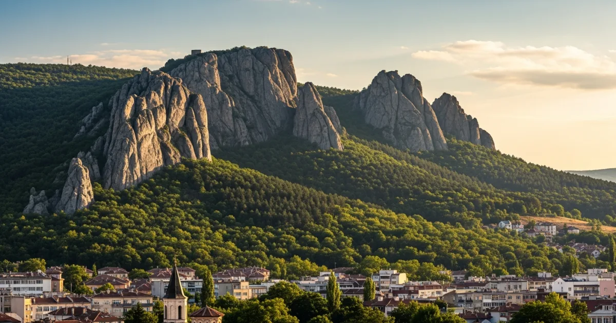 Panoramic view of Vratsa city with the Vratsa Rocks in the background