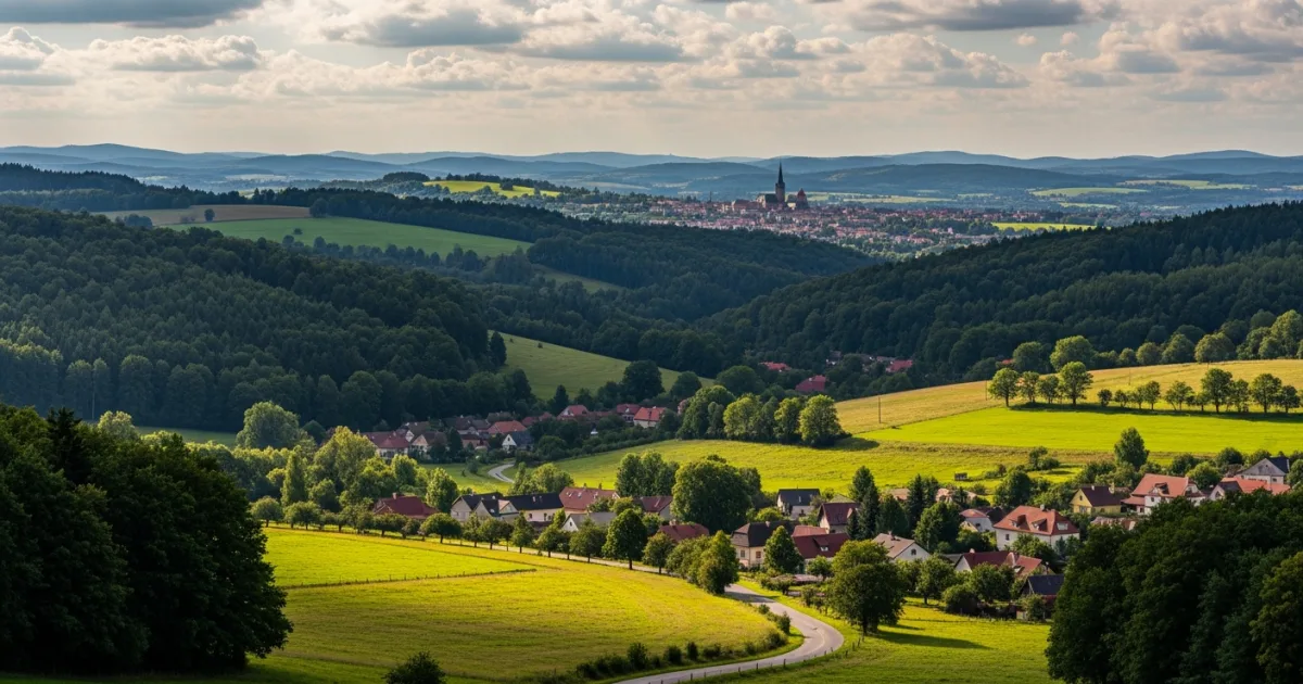Panoramic view of the Vysočina Region with rolling hills, forests, and a historic town