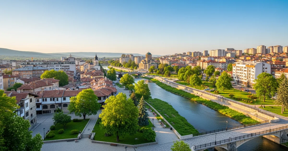 Panoramic view of Yambol, Bulgaria with the Tundzha River and historical buildings