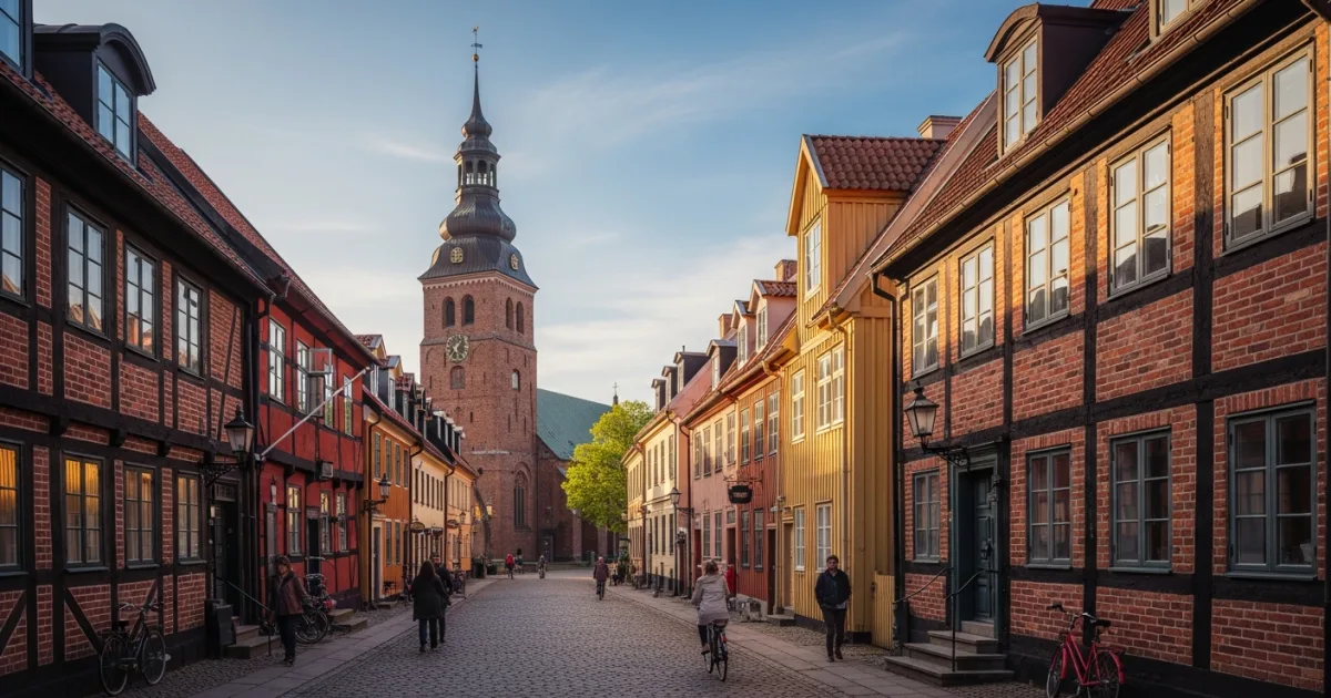 Panoramic view of Ystad's medieval town center with half-timbered houses and St. Mary's Church