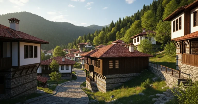 Zheravna 15 Panoramic view of Zheravna village, Bulgaria, with traditional wooden houses and green mountains