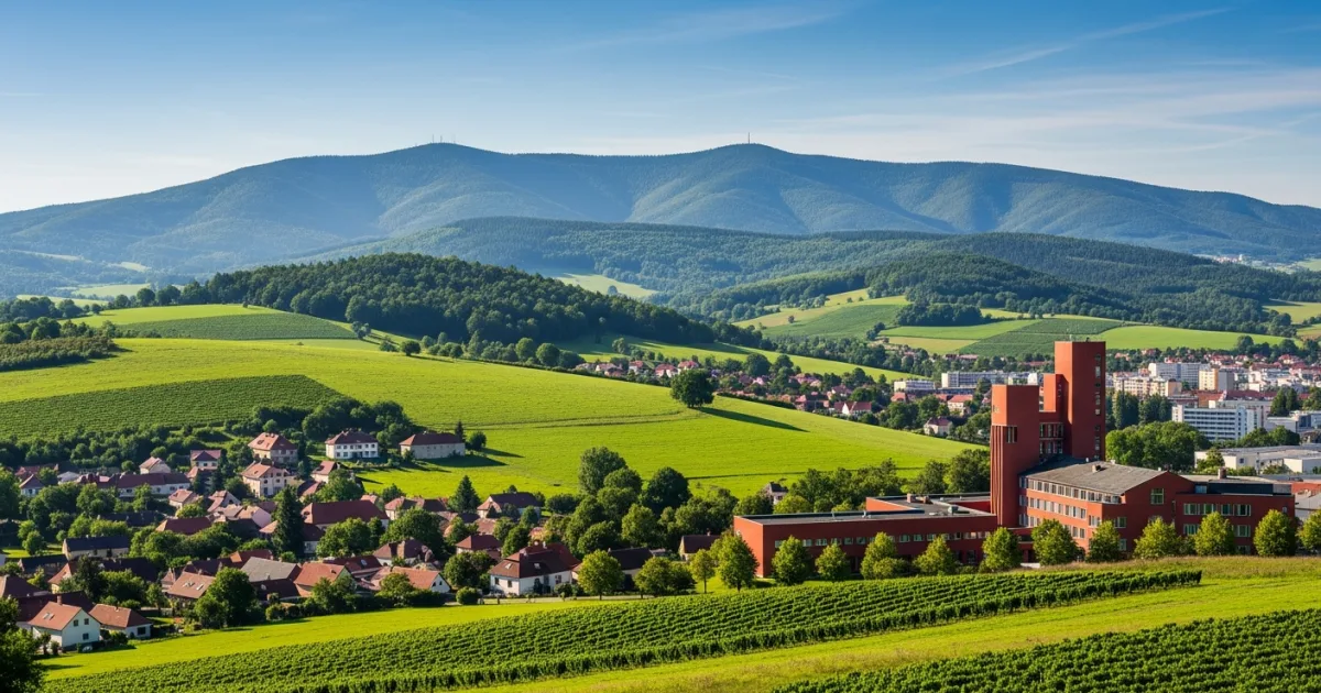 Panoramic view of Zlín Region with rolling hills, modern architecture, and distant mountains