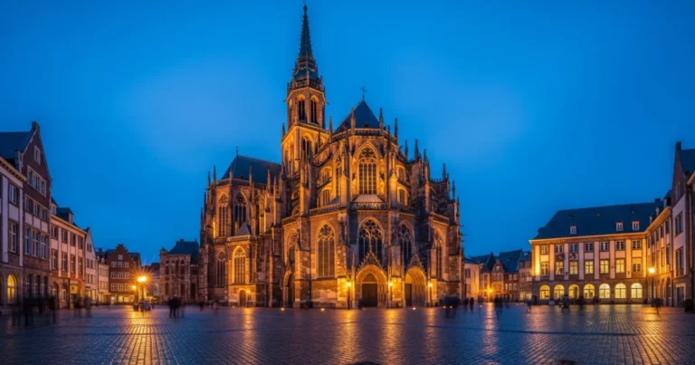 Aachen 1 Aachen Cathedral illuminated at twilight in the historic city center
