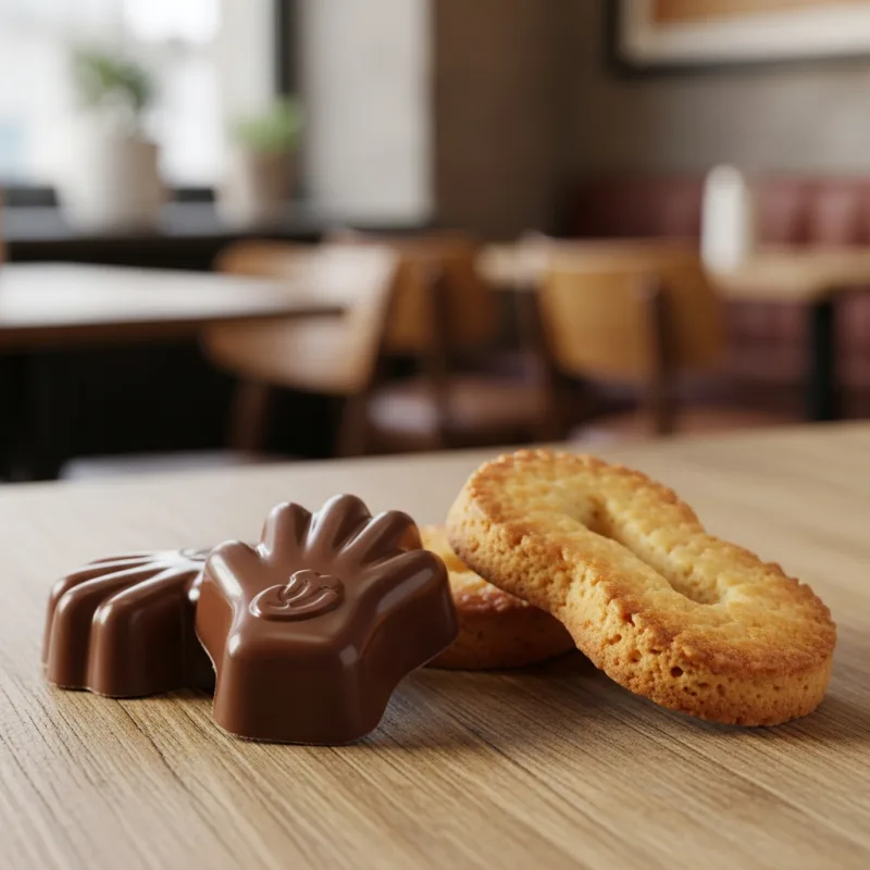 Antwerpse Handjes biscuits and chocolates on a wooden table
