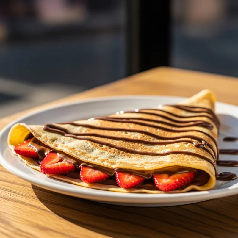 A sweet French crêpe filled with chocolate and strawberries on a wooden table