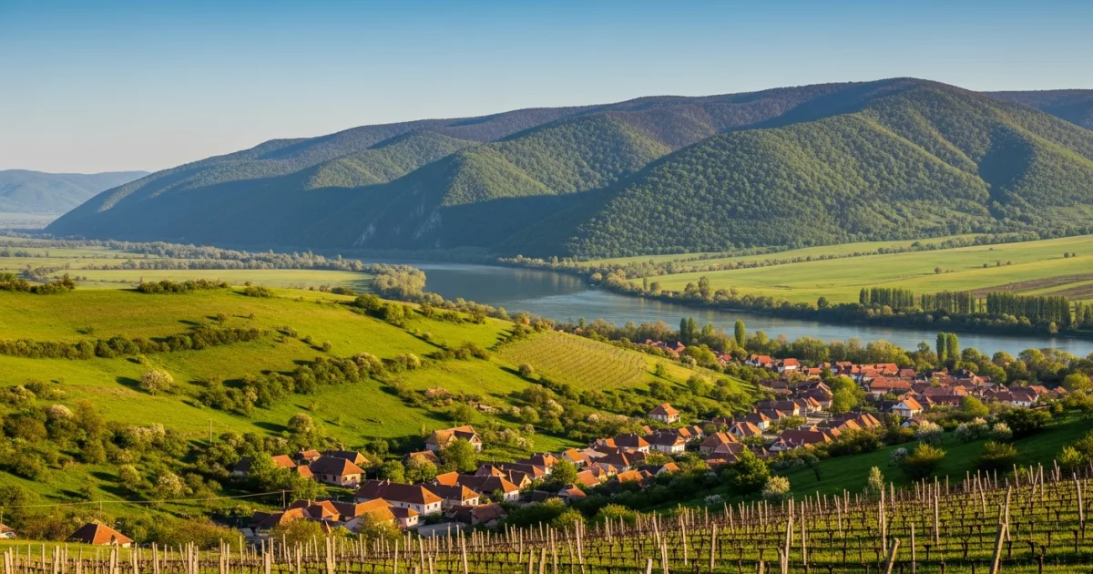 Scenic landscape of Banat region, Romania with hills, river, and mountains
