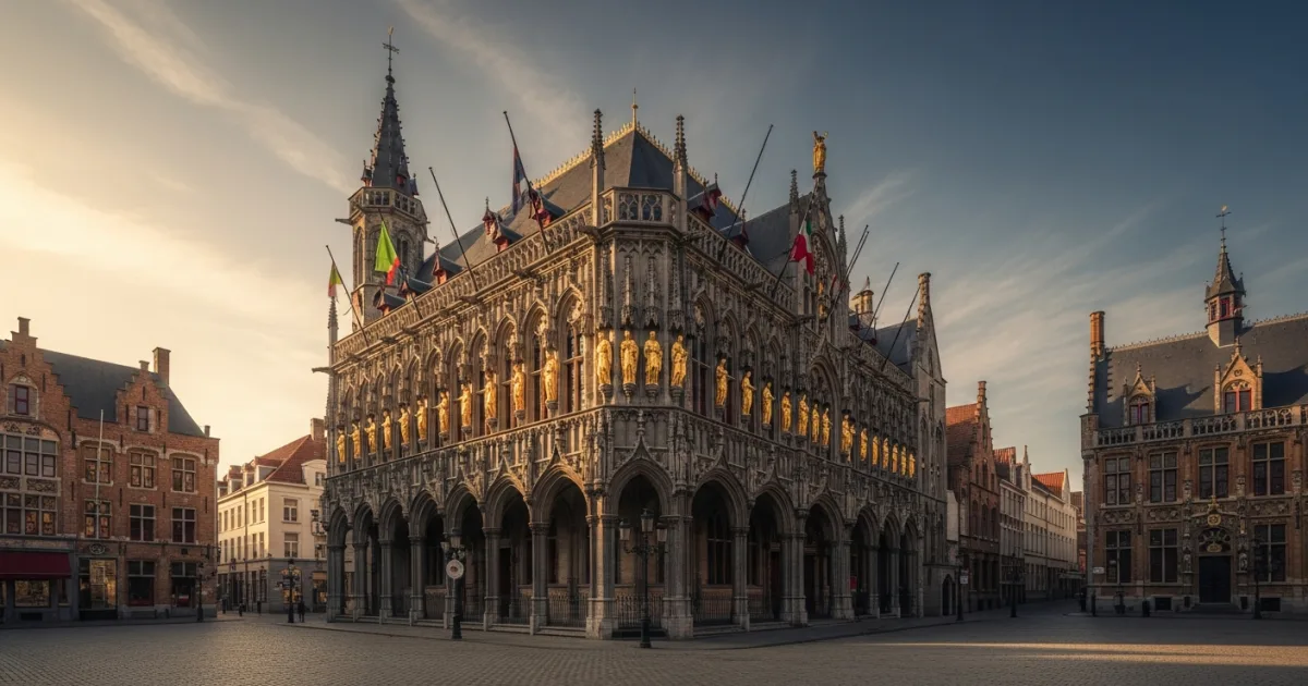 Exterior view of the Basilica of the Holy Blood in Burg Square, Bruges