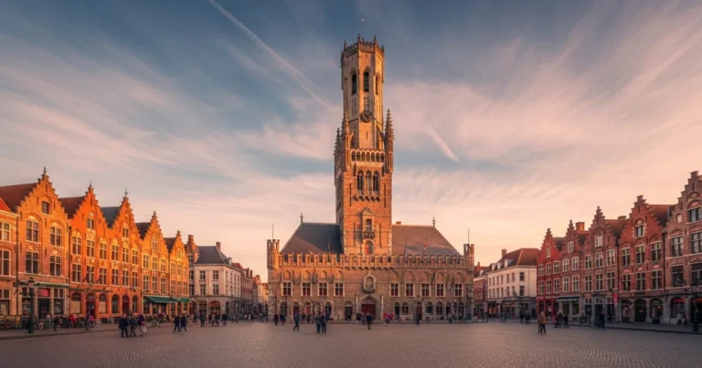 Belfry of Bruges 6 The Belfry of Bruges towering over the historic Market Square at golden hour