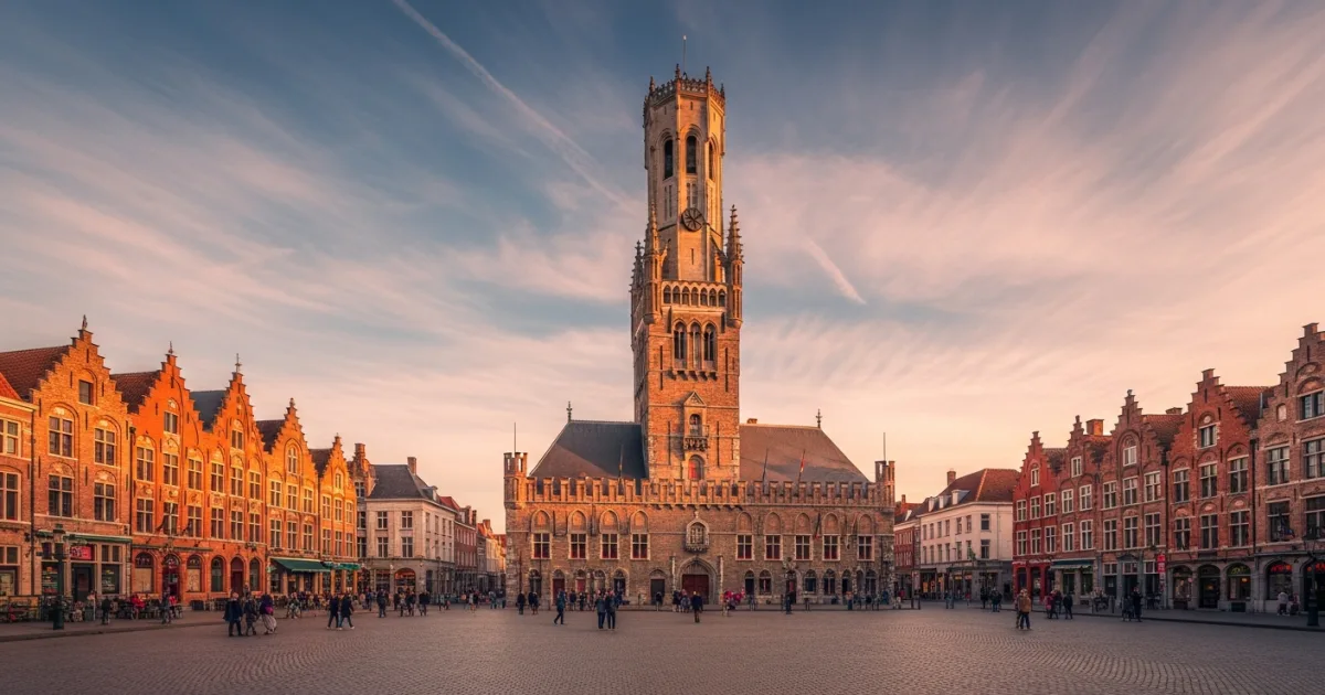 The Belfry of Bruges towering over the historic Market Square at golden hour