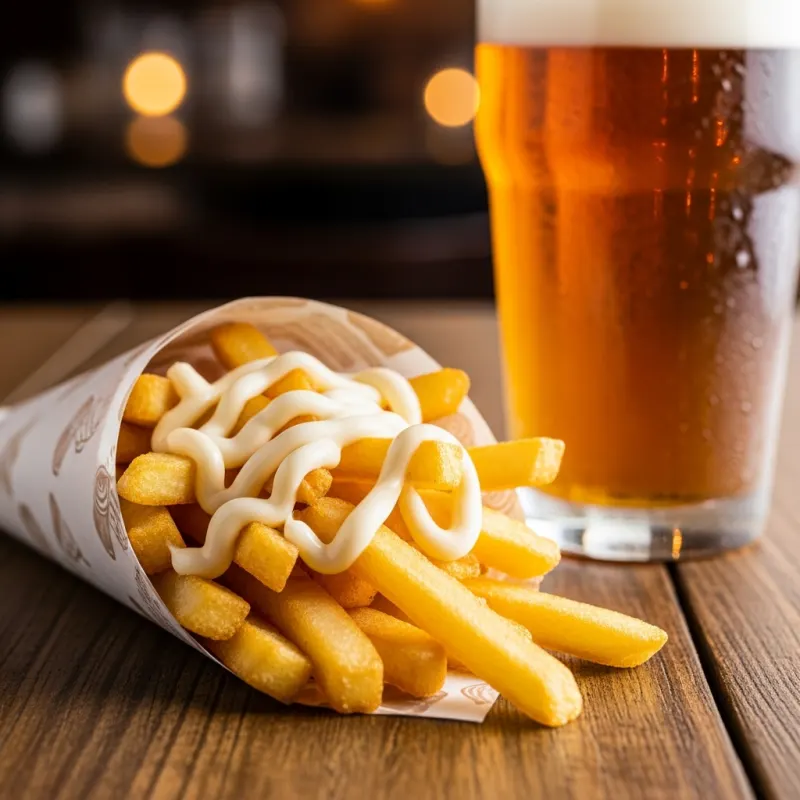 A paper cone of crispy Belgian frites topped with mayonnaise next to a glass of beer