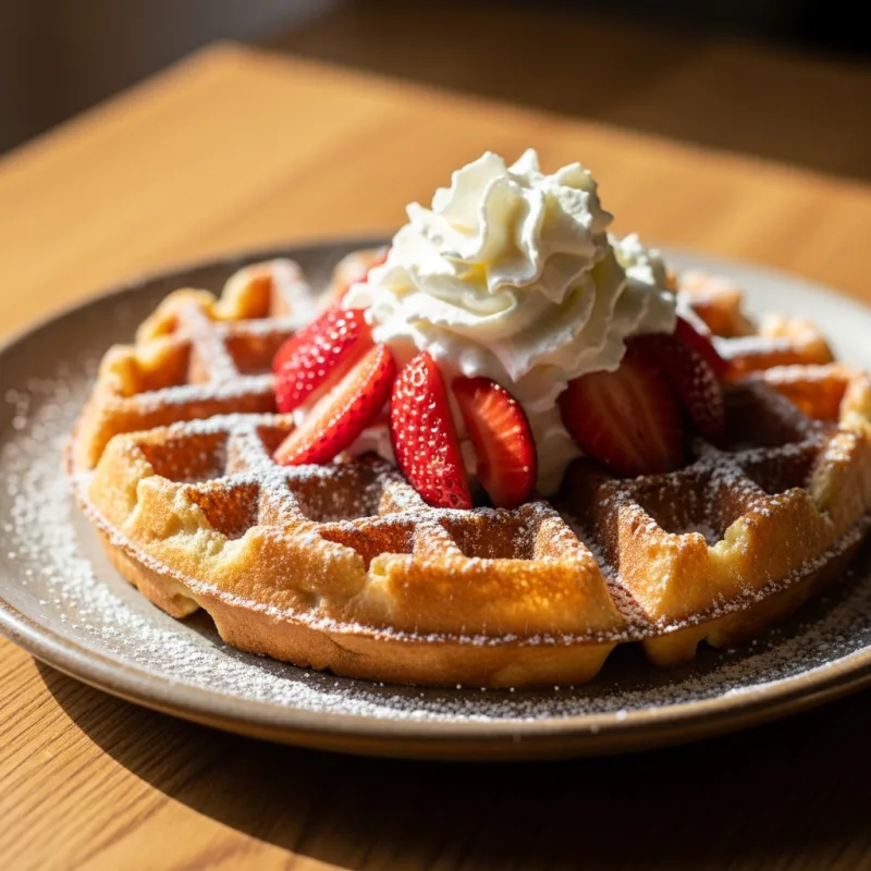 A freshly baked Belgian waffle topped with whipped cream and strawberries