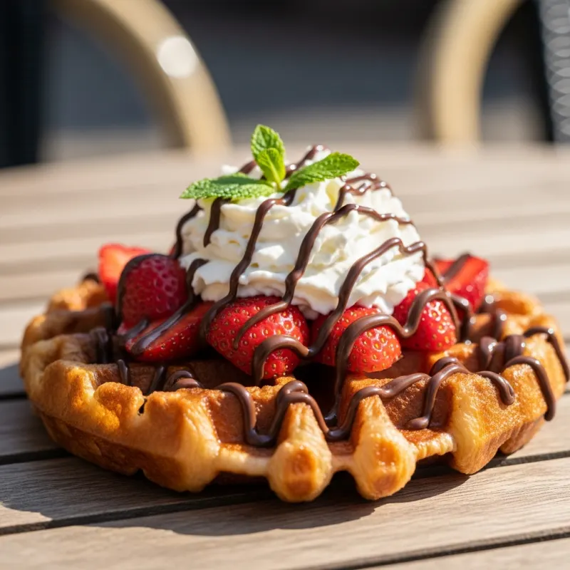 A freshly baked Belgian waffle topped with strawberries, whipped cream, and chocolate