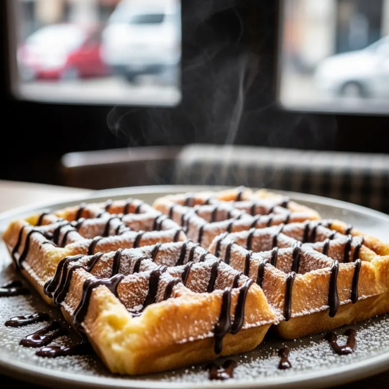 A freshly baked Belgian waffle topped with powdered sugar and chocolate drizzle