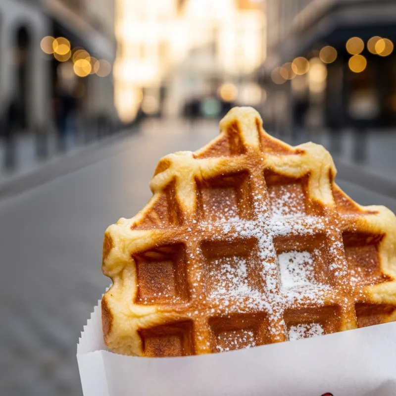 A freshly baked Belgian waffle dusted with powdered sugar in Brussels