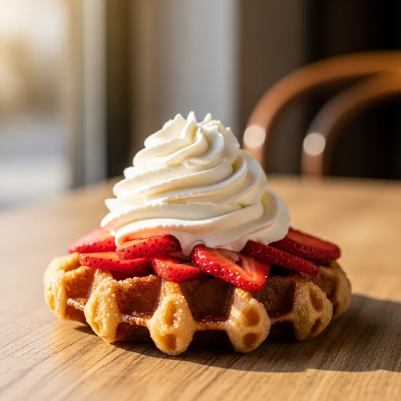 A freshly baked Belgian waffle topped with strawberries and whipped cream
