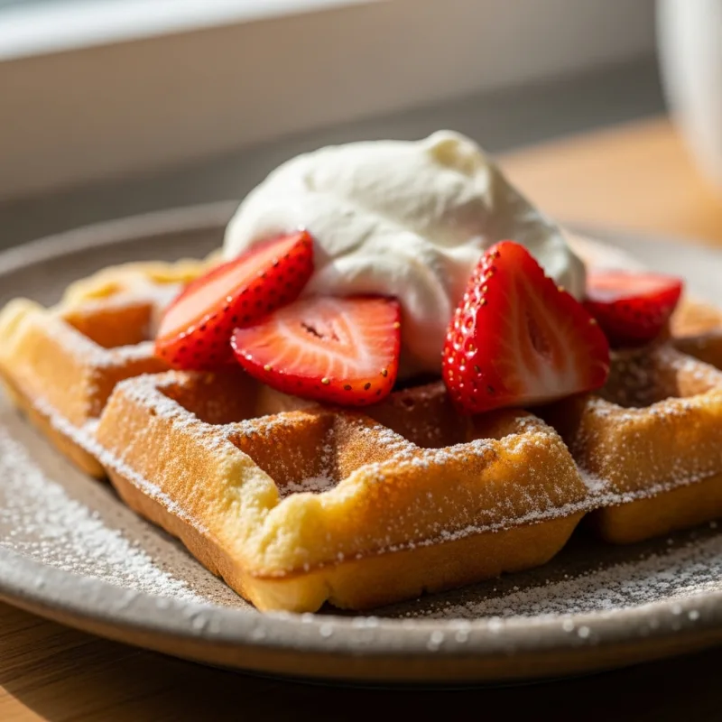 A traditional Belgian waffle topped with powdered sugar, whipped cream, and strawberries