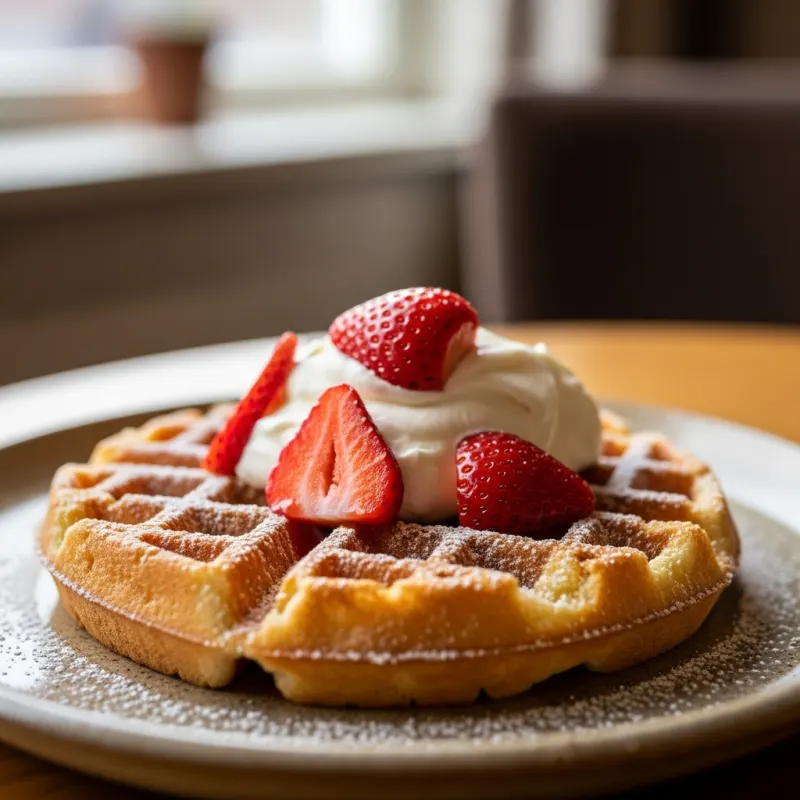 A freshly baked Belgian waffle topped with powdered sugar, whipped cream, and strawberries