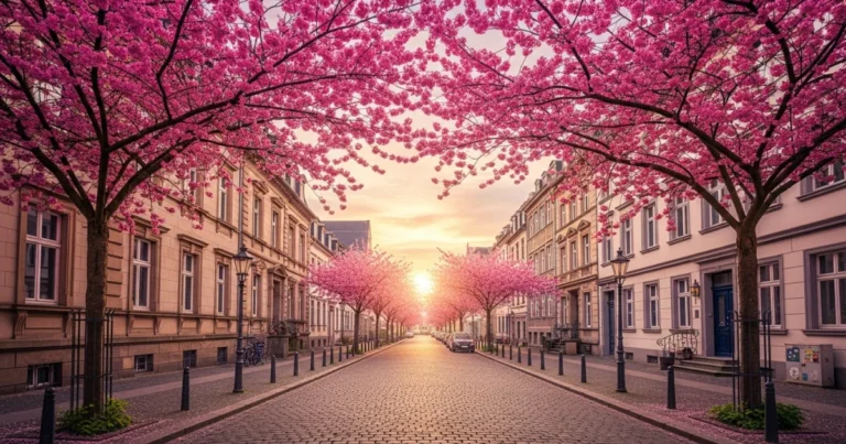 Bonn 7 Cherry blossoms blooming over a historic cobblestone street in Bonn, Germany