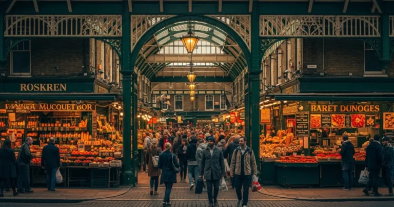 Borough Market 6 The bustling entrance of Borough Market in London with crowds exploring food stalls under Victorian arches