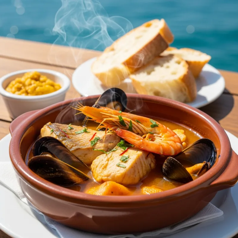 A bowl of traditional Bouillabaisse fish stew with crusty bread