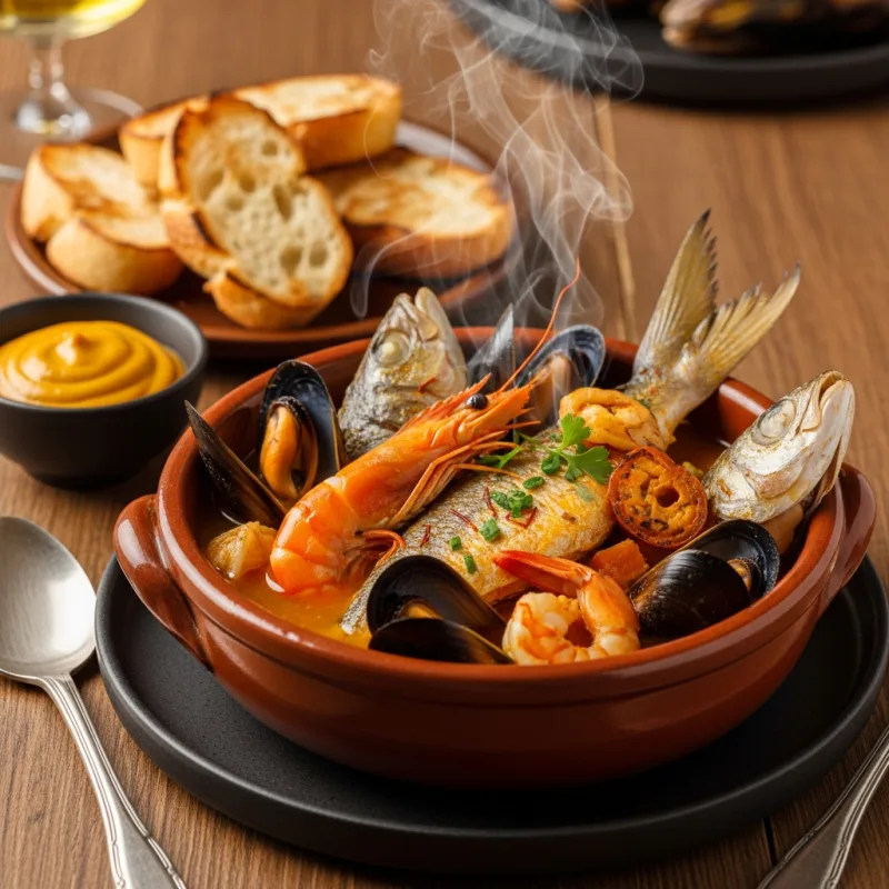A traditional bowl of Bouillabaisse from Marseille with seafood and saffron broth