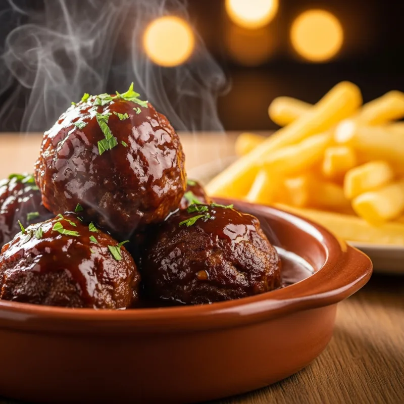 A bowl of Boulets à la Liégeoise with a side of Belgian frites