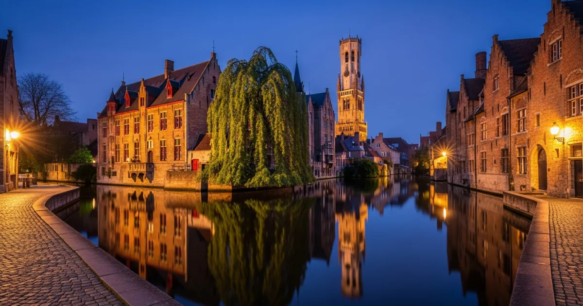 Twilight view of the Rozenhoedkaai canal and Belfry in Bruges, Belgium