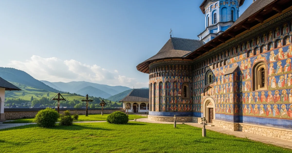 Panoramic view of Voroneț Monastery in Bukovina, Romania, with its famous blue exterior frescoes