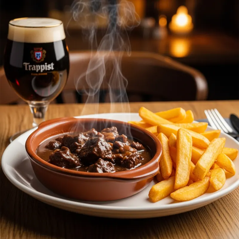 A bowl of traditional Belgian Carbonade Flamande beef stew with crispy frites