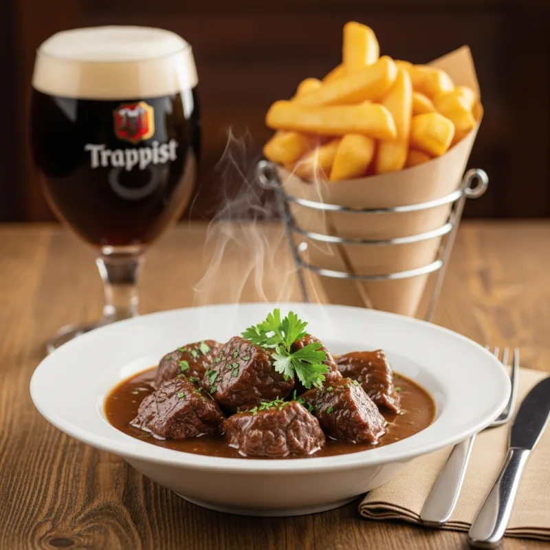 A bowl of Carbonade à la Chimay beef stew with Belgian fries and a glass of beer