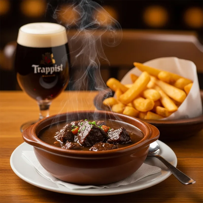 A bowl of traditional Belgian Carbonnade Flamande stew with fries and beer