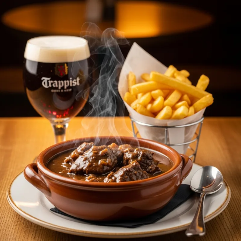 A bowl of traditional Belgian Carbonnade Flamande stew with frites and beer