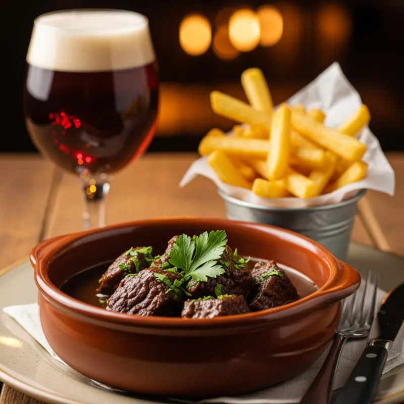 A bowl of traditional Belgian Carbonnade Flamande stew with fries and a dark beer
