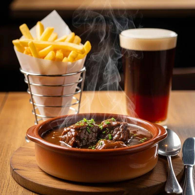 A bowl of Carbonnade Flamande beef stew with French fries and a glass of beer