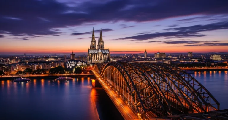 Cologne 6 Panoramic view of Cologne Cathedral and Hohenzollern Bridge at twilight