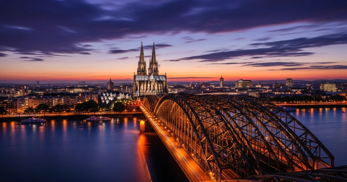 Panoramic view of Cologne Cathedral and Hohenzollern Bridge at twilight