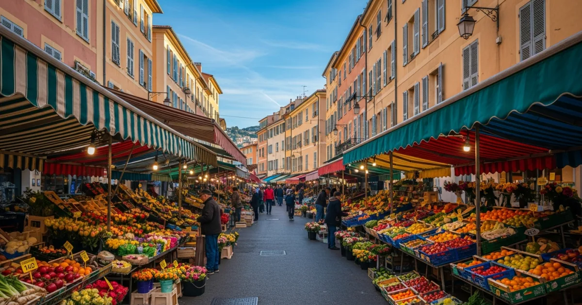 Vibrant stalls and striped awnings at Cours Saleya Market in Nice, France