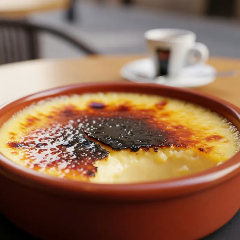 Traditional Crema Catalana dessert in a terracotta dish