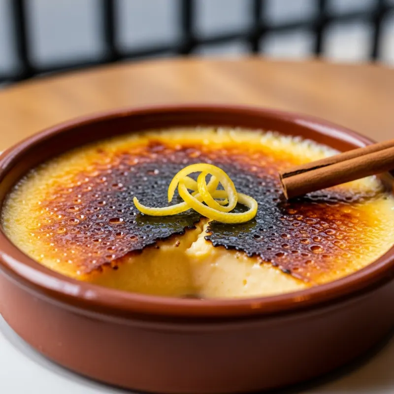 A traditional terracotta dish of Crema Catalana with a caramelized sugar crust