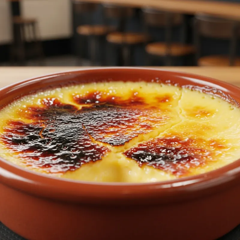 A traditional terracotta dish filled with Crema Catalana, featuring a caramelized sugar crust.