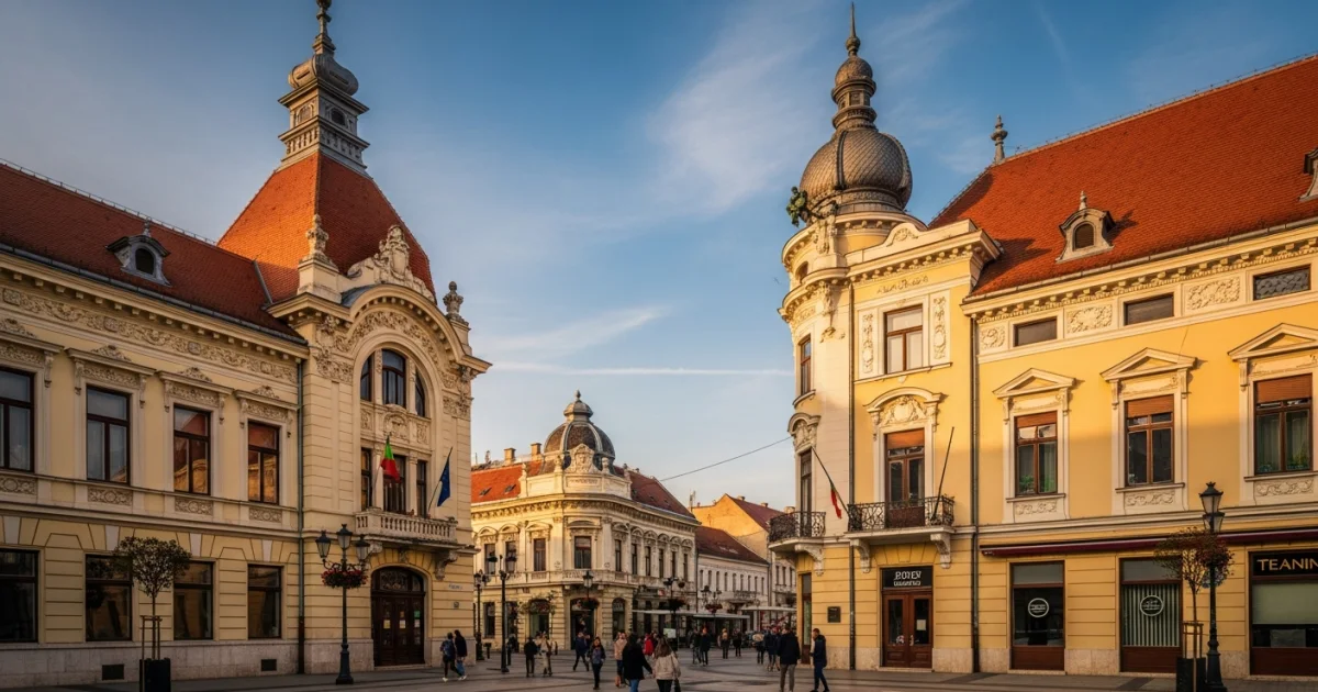Art Nouveau architecture in Oradea, Crișana, Romania at golden hour