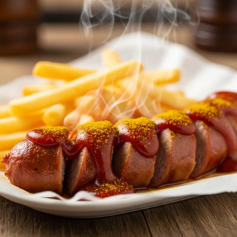 A serving of traditional German Currywurst with french fries
