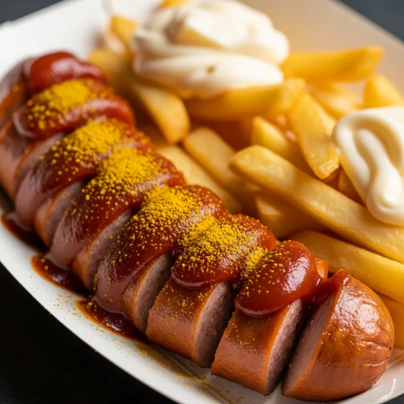 Traditional German Currywurst with French fries and mayonnaise