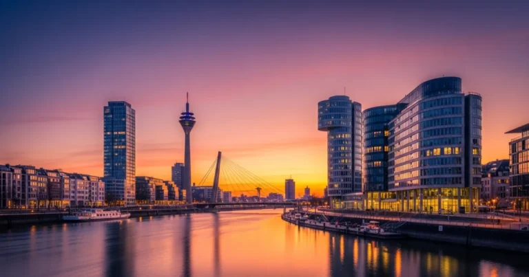 Dusseldorf 12 Düsseldorf skyline at sunset featuring the Rheinturm and Rhine River