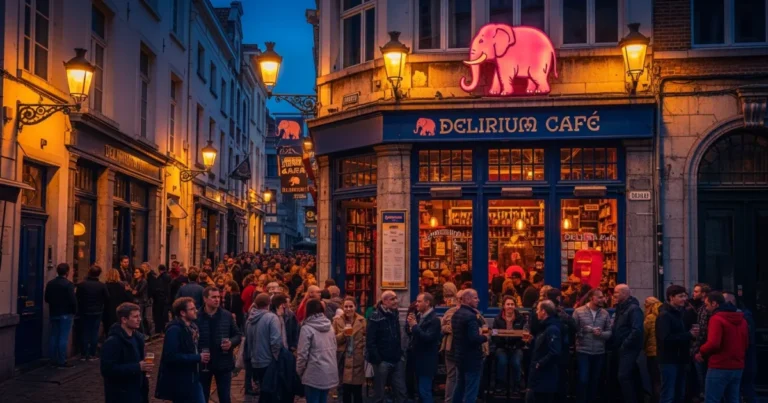 Delirium Café 6 Exterior view of Delirium Café in Brussels at dusk with patrons gathered outside