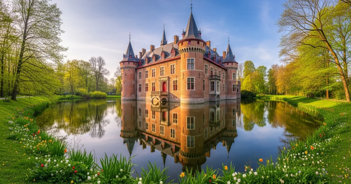 Kasteel de Viron in Dilbeek surrounded by a serene pond and lush green trees