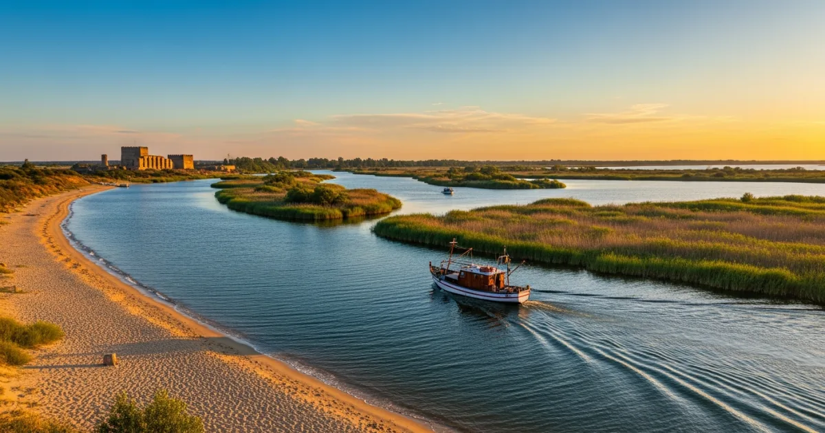 Panoramic view of Dobrogea, Romania, showing Black Sea beaches, Danube Delta channels, and ancient ruins at sunset