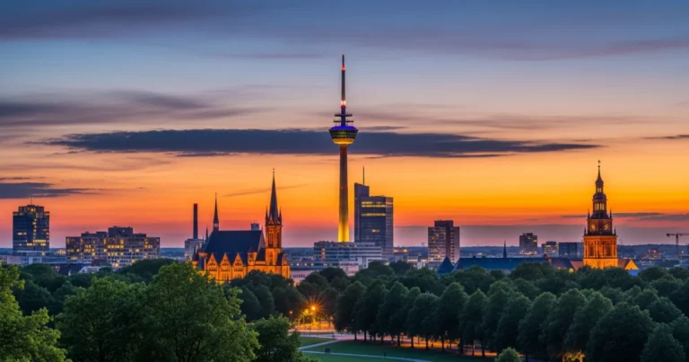 Dortmund 4 Panoramic sunset view of the Dortmund city skyline featuring the illuminated U-Tower